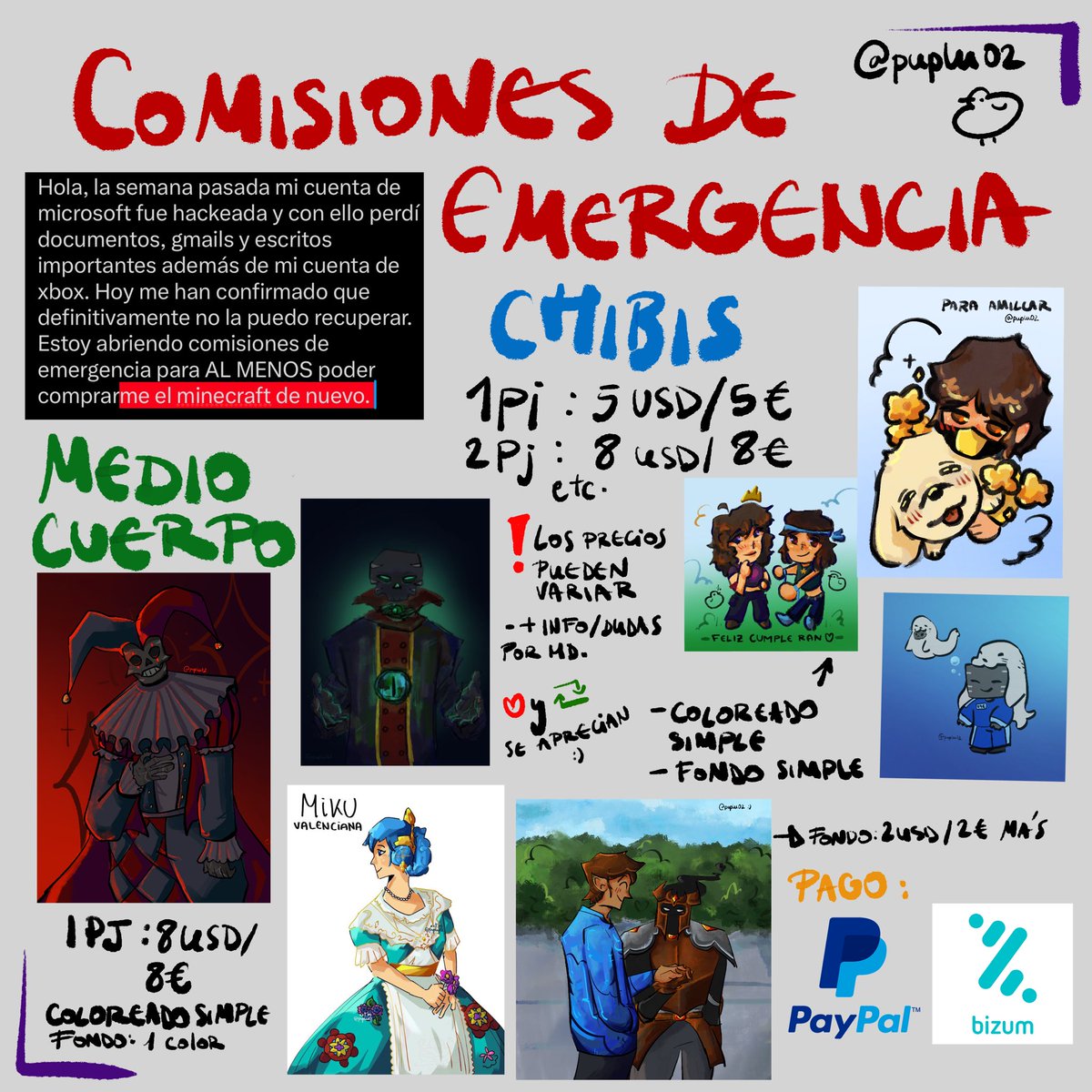 Puplu02's tweet image. &amp;gt; COMISIONES DE EMERGENCIA &amp;lt;
Hola, me hackearon y robaron una cuenta así que ofrezco comisiones, precios discutibles. 
Se agradecen los rts o cualquier tipo de apoyo. 
#opencommissions