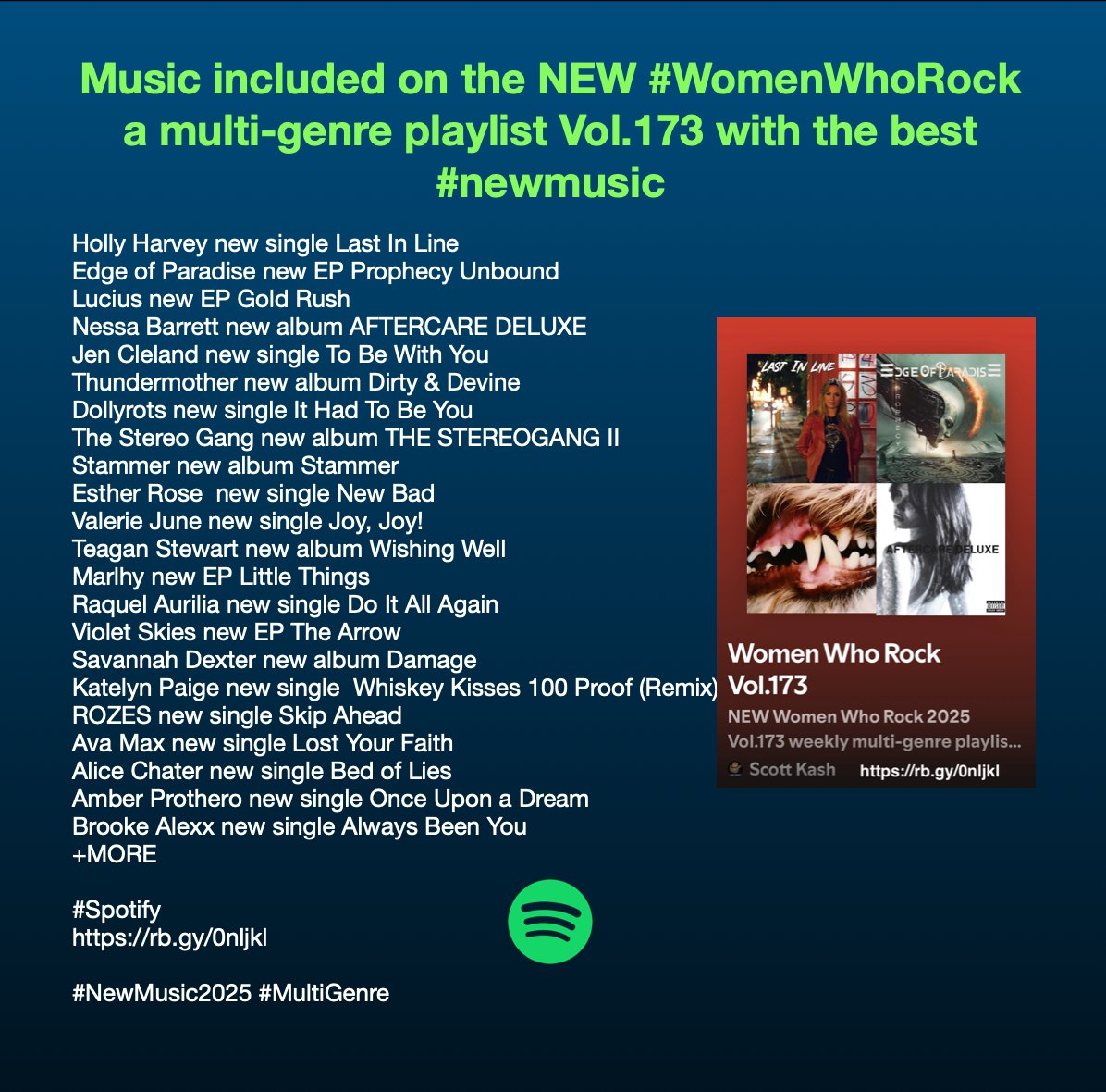 Music included on the NEW #WomenWhoRock a multi-genre playlist Vol.173 with the best #NewMusic 

<a href="/theoddjenout/">Jen Cleland</a> <a href="/THUNDERMOTHER/">THUNDERMOTHER</a> <a href="/TheDollyrots/">The Dollyrots</a> <a href="/stereo_gang/">THE・ステレオギャング/ THE STEREOGANG</a> <a href="/estherrose/">esther rose</a> <a href="/TheValerieJune/">Valerie June</a> <a href="/teagan_stewart/">Teagan Stewart</a> <a href="/iammarlhy/">Marlhy</a> <a href="/RaquelAurilia/">Raquel Aurilia</a> <a href="/IAmVioletSkies/">v i o l e t</a> @Savvvdexter <a href="/ROZESsounds/">ROZES</a> <a href="/AvaMax/">AVA MAX</a>