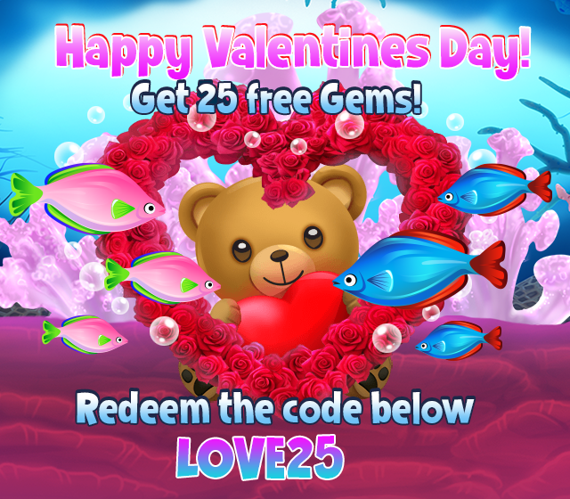 FishParadiseApp's tweet photo. ❤️❤️Happy Valentines Day ! To celebrate we're giving everyone a gift of 25 gems. Redeem the code in game by going to the Fan page section. ❤️❤️ https://t.co/fBdDSENjKz