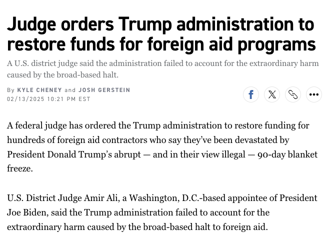 Kyle Cheney (@kyledcheney) on Twitter photo NEW: Donald Trump's effort to gut foreign aid programs and sideline thousands of USAID workers have now both been halted — at least temporarily — by judges who say the rush to implement them may have violated laws.
w/ <a href="/joshgerstein/">Josh Gerstein</a>
politico.com/news/2025/02/1… NEW: Donald Trump's effort to gut foreign aid programs and sideline thousands of USAID workers have now both been halted — at least temporarily — by judges who say the rush to implement them may have violated laws.
w/ <a href="/joshgerstein/">Josh Gerstein</a>
politico.com/news/2025/02/1…