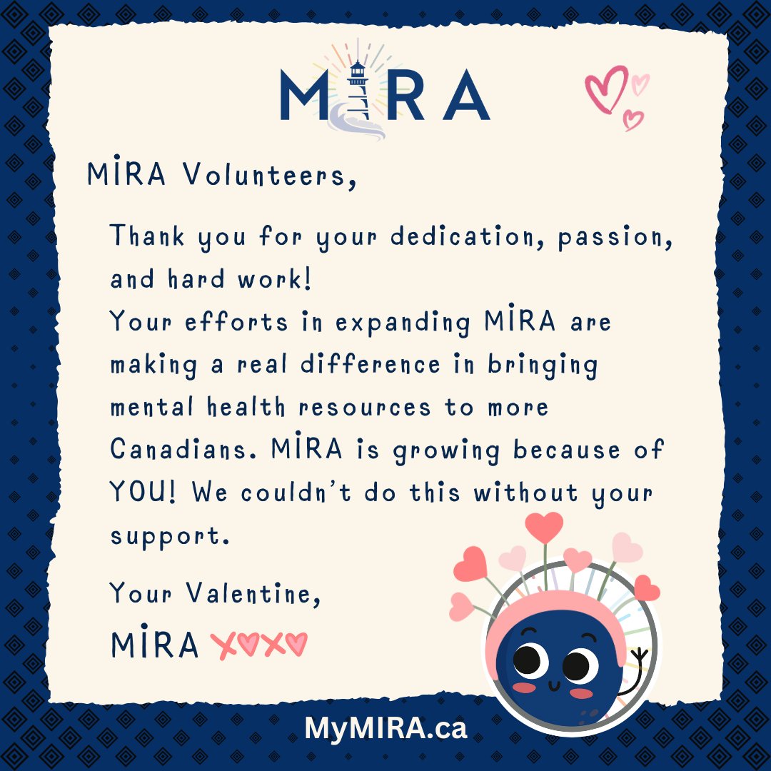 We are deeply grateful to our volunteers for their unwavering dedication and passion. You are instrumental in expanding MIRA's reach. Thank you for making a real difference. 🩵
With gratitude, MIRA

MyMIRA.ca

#VolunteerAppreciation #ThankYou #MentalHealth
