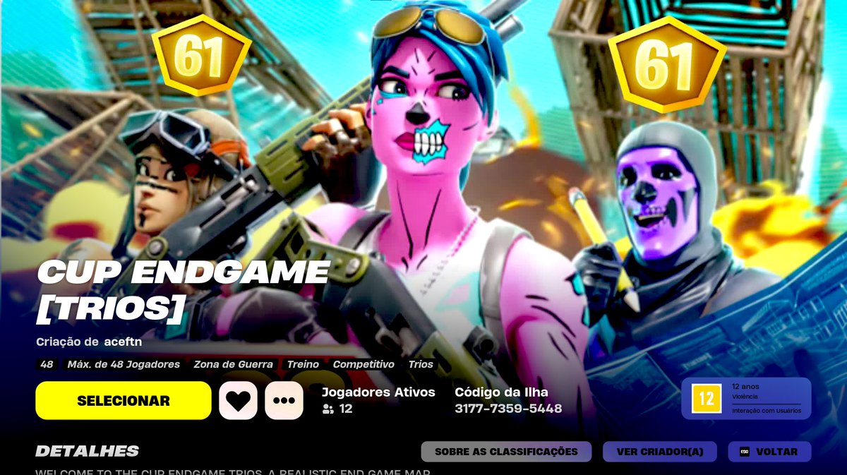 CUP ENDGAME now in TRIOS mode!! Train late game precisely with your trio. 
LET'S ELEVATE THE BRAZILIAN FORTNITE CREATIVE COMMUNITY 🇧🇷 

✔️REALISTIC AND DYNAMIC SAFE   
🔫COMPETITIVE LOOTPOOL  
🥇CUP SCORE POINTS   
👤 48 PLAYERS
 👤16 TEAMS

RT=💖