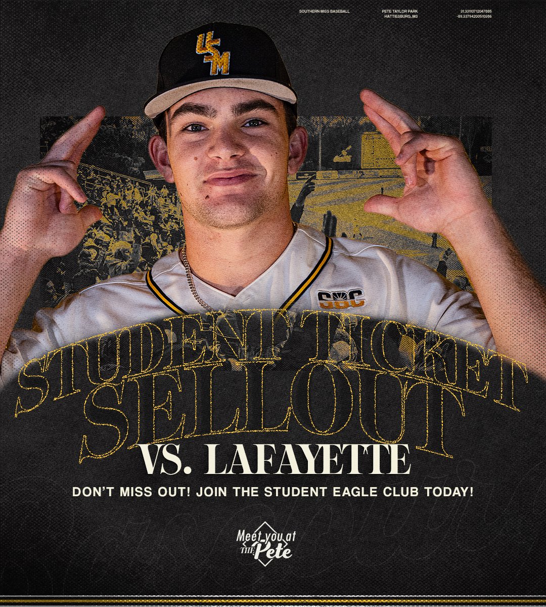 SouthernMissBSB's tweet photo. 𝙔’𝙖𝙡𝙡 𝙩𝙝𝙤𝙪𝙜𝙝𝙩 𝙬𝙚 𝙬𝙚𝙧𝙚 𝙙𝙤𝙣𝙚? 🫣

All student tickets for this weekend have been claimed! 

Get early access to Student Tickets with the Student Eagle Club! Contact john.c.martin@usm.edu to sign up for just $20 this semester!

#EverythingMatters | #SMTTT https://t.co/sX7ZOgCHzn