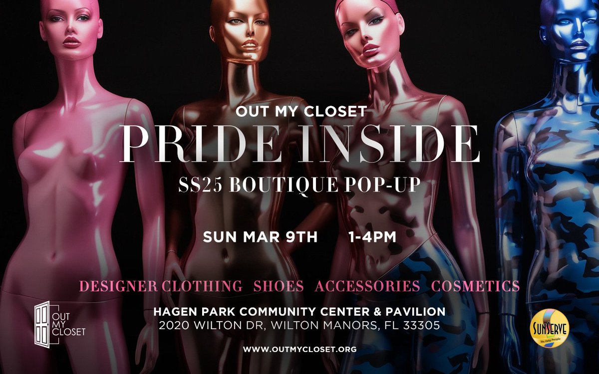 PRIDE INSIDE Spring/Summer '25 Boutique POP-UP SHOP! 

 Enjoy FREE designer clothing, shoes, accessories, and cosmetics! #Wiltonmanors

Registration is at the door, so bring your friends and celebrate style and inclusivity with us!