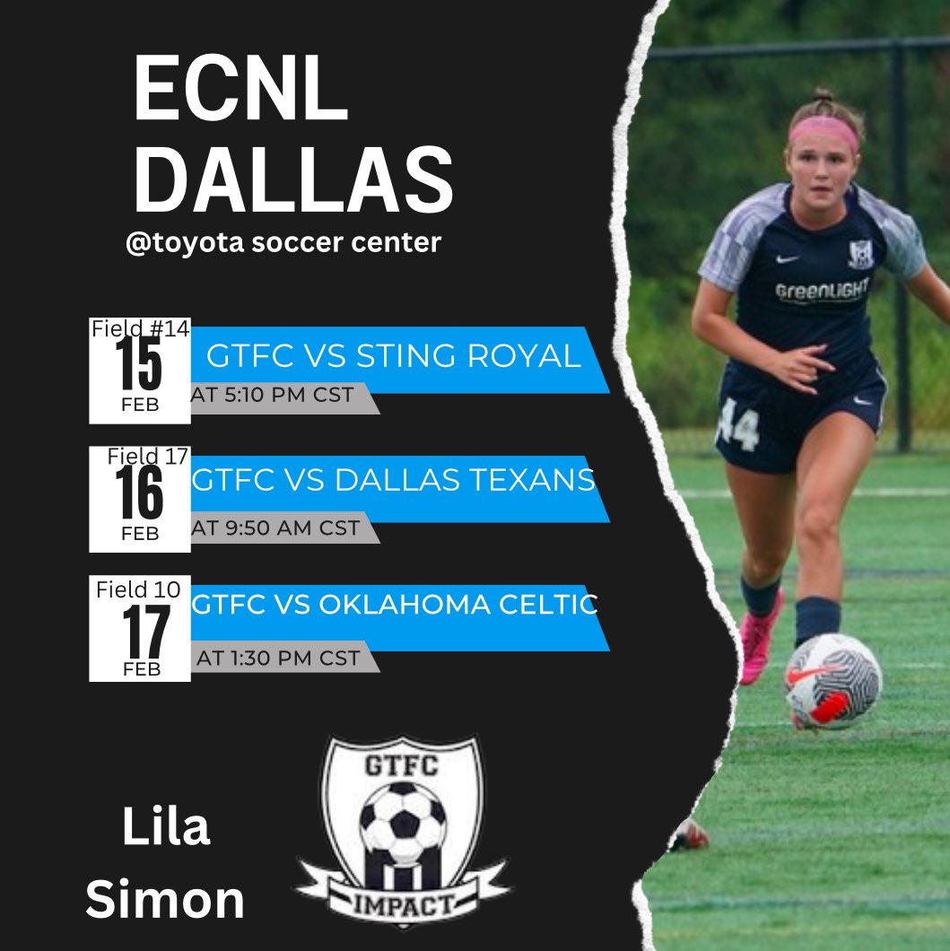I’m so exited to play in Dallas this weekend! Come check my team out! <a href="/GTFCImpact/">GTFC Impact</a> <a href="/KentStSoccer/">Kent State Soccer</a> <a href="/AWHSSoccer/">AWHS Girls Soccer</a> <a href="/ImYouthSoccer/">ECNL/GA/Recruiting/College Soccer</a>