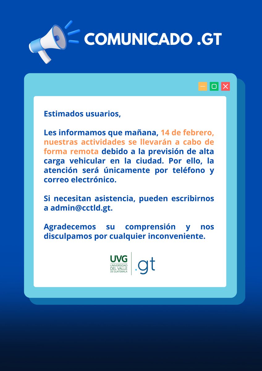📢 Aviso importante 📢

Mañana, 14 de febrero, estaremos atendiendo únicamente de forma remota debido a la alta carga vehicular en la ciudad. 🚗💨