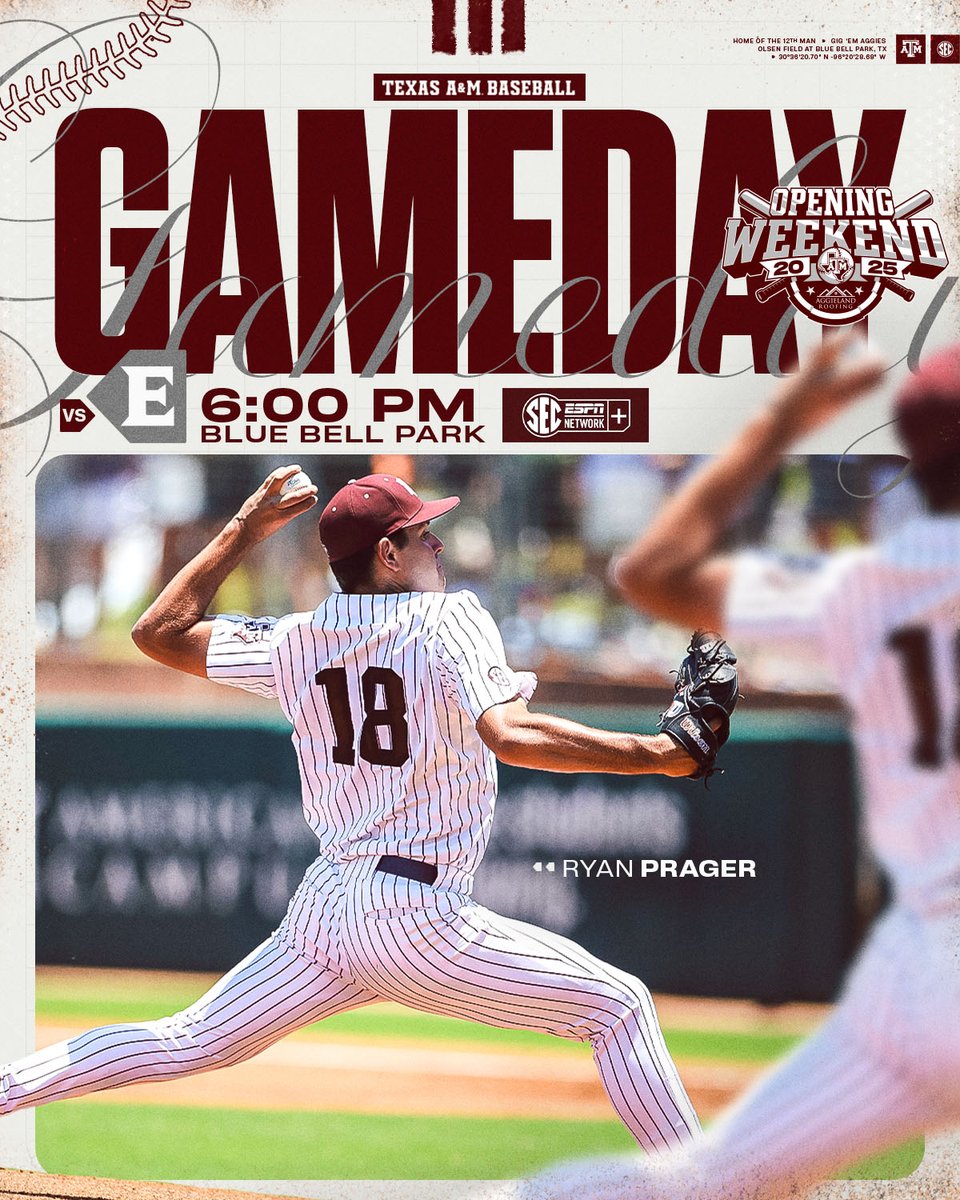 IT'S OPENING DAY IN AGGIELAND 👍

🆚 Elon
⏰ 6:00 PM
📍 Blue Bell Park
📺 SECN+

#GigEm