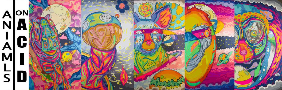 Maccphill's tweet image. I’ve decided to put my Animals On Acid collection up for sale on @exchgART 

I’ve made an addendum to the collections description: first purchaser is awarded the physical original artwork

Each artwork is priced at 10 SOL

I will post a link to it in the tweet below ⬇️