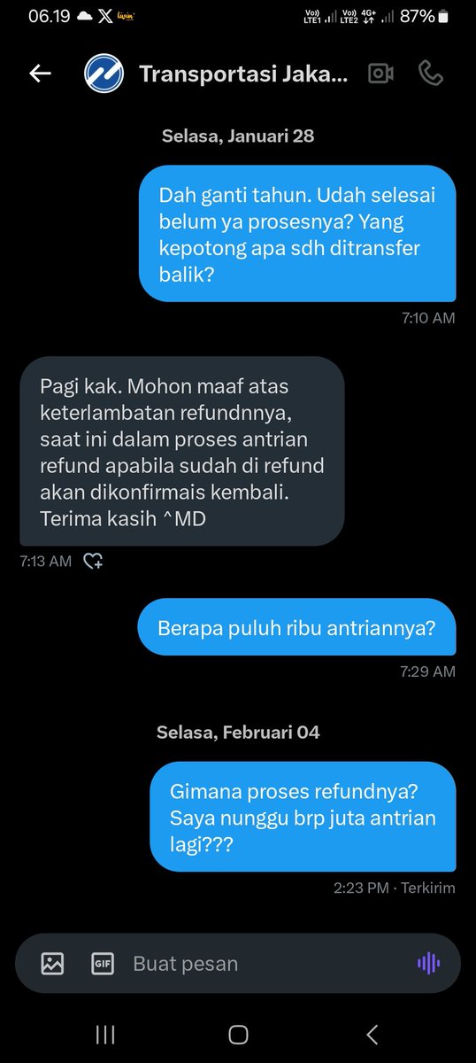 Perkara refund uang yg kepotong 2x saat Tap In di <a href="/PT_Transjakarta/">Transportasi Jakarta</a> , dr Sept 24, sampai ganti tahun jd 2025, selalu bilang lg antri. Udah kyk antri naik haji aja. Btw uang yg terpotong 2x itu balik atau nggak sih? Masak prosesnya segitu lama? Aneh kalian ini <a href="/PT_Transjakarta/">Transportasi Jakarta</a>