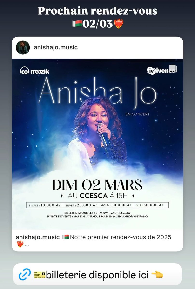 Zorrette_57's tweet photo. #AnishaJo ๐ฅ๐๐ (compte Instagram)
Concert ร #Madagascar le 2 Mars 2025 #CCESCA (15 heures)
Single #TiakoIanao ๐ disponible bientรดt en streaming (exclusif #Moozik)
Album #Lumiere ๐ฏ๏ธdisponible en physique-streaming (https://t.co/LTsiFIPelX)
#StarAcademy ๐ #Musique https://t.co/B8GdYk0D6o