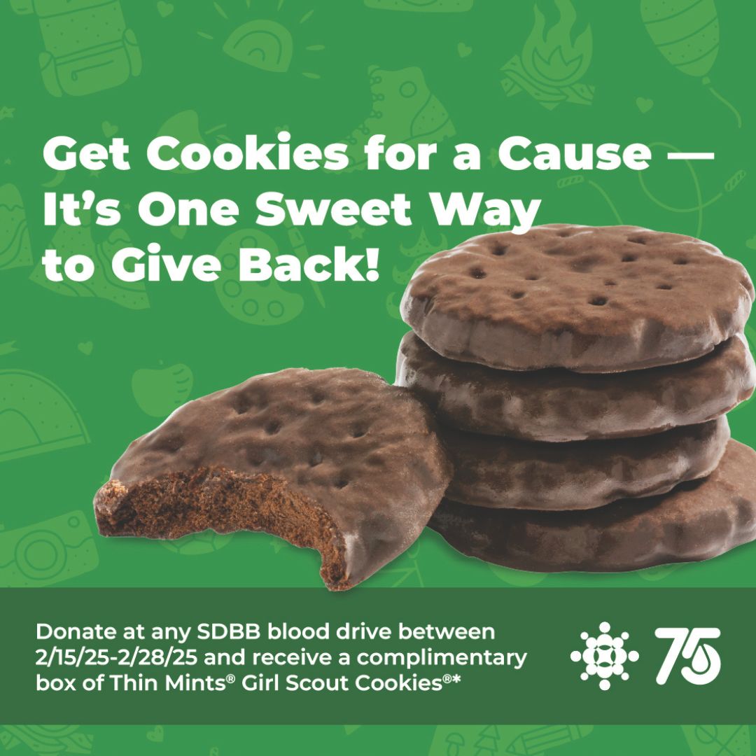gbmag's tweet image. Donate blood from (Feb 13-28) &amp;amp; get 1 box of Thin Mints® @sdgirlscouts Cookies, while supplies last. Save lives &amp;amp; enjoy a sweet treat. #GiveBlood #ThinMints
Find a @sdbloodbank drive near you: sandiegobloodbank.org/thinmints