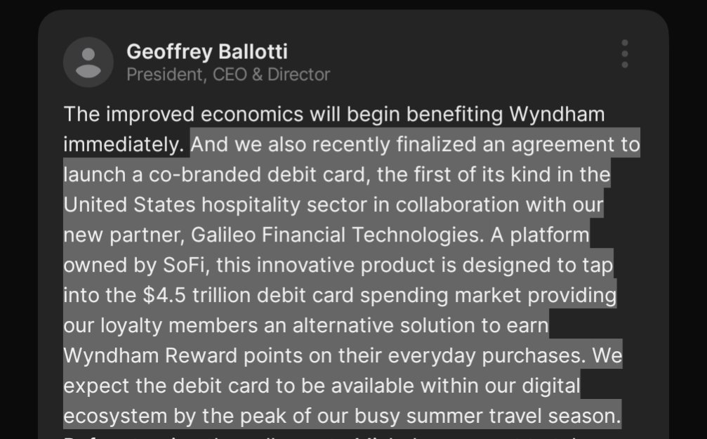 $SOFI breaking news! 

The hotel partnership with Galileo is with...

...Wyndham Hotels!

SoFi really has a thing with the name Wyndham. First they bought Wyndham Capital Mortgage, then they partnered with PGA Pro Wyndham Clark, and now they are running Wyndham Hotels debit