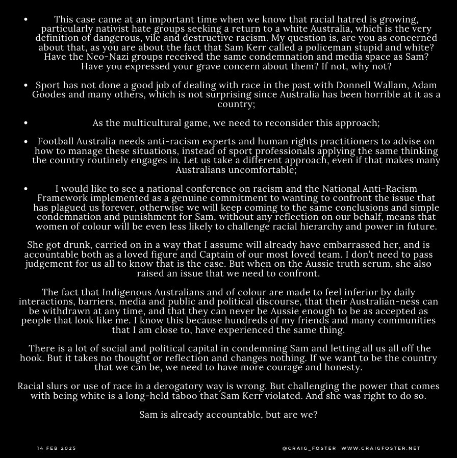 Craig_Foster's tweet photo. At the risk of sending a few Aussies right off the deep end, some additional thoughts on race, racism, power, women’s rights, the perversion of what masculinity means and the dangerous messages bombarding our next generation of young Aussie men, the public flogging of high profile and successful women in Australian culture, and Sam.