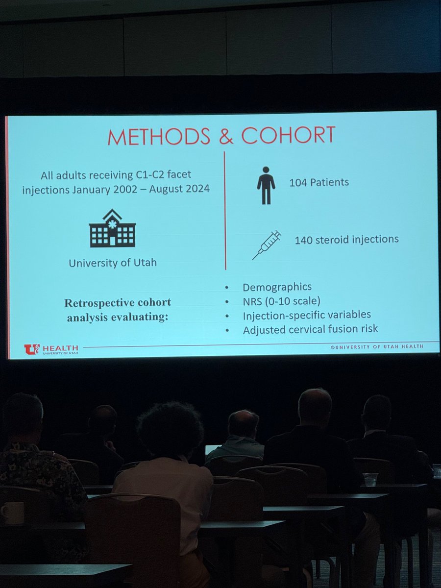 Miriam_Peckham's tweet photo. Our talented medical student, Kyril Cole, presents findings of C1/2 facet joint injection effectiveness over 20 years at our institution. We found 27% patients went on to surgery, and 5% had transient procedural side effects with no major adverse events. #assr25 #uofuspine https://t.co/5t32v5ryaV