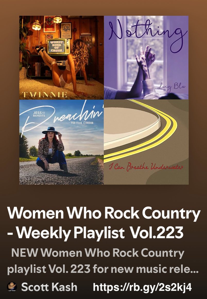 Scott Kash (@scottkash88) on Twitter photo NEW #WomenWhoRockCountry playlist Vol.223 with the best #newcountrymusic from the UK & EU
<a href="/TwinnieOfficial/">TWINNIE</a> Worst Kind Of Crush
<a href="/lucybluofficial/">Lucy Blu</a> Nothing
<a href="/jessthebandits/">Jess and the Bandits</a> Preachin' To The Choir
<a href="/littleloremusic/">LittleLoreMusic</a> I Can Breathe Underwater
+MORE
#Spotify
rb.gy/2s2kj4 NEW #WomenWhoRockCountry playlist Vol.223 with the best #newcountrymusic from the UK & EU
<a href="/TwinnieOfficial/">TWINNIE</a> Worst Kind Of Crush
<a href="/lucybluofficial/">Lucy Blu</a> Nothing
<a href="/jessthebandits/">Jess and the Bandits</a> Preachin' To The Choir
<a href="/littleloremusic/">LittleLoreMusic</a> I Can Breathe Underwater
+MORE
#Spotify
rb.gy/2s2kj4