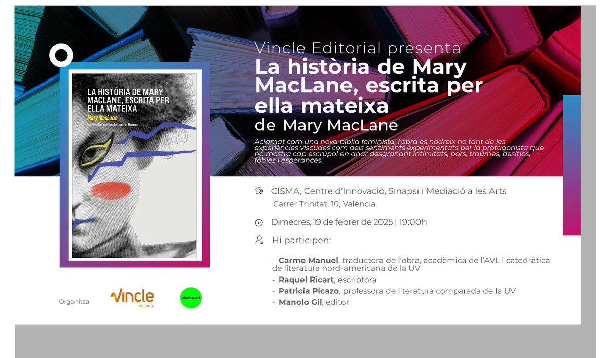 Mary MacLane, la salvatge de Butte, ja ha arribat. Dimecres 19, a les 19h, presentarem la seua autobiografia a cisma.art. Hi participaran  Carme Manuel, <a href="/RaquelRicart1/">Raquel Ricart</a>, <a href="/picazosanz/">Patricia Picazo</a> i servidor. Fins ara mai s'havia traduït al català ni al castellà. <a href="/Vincle_Ed/">Vincle Editorial</a>