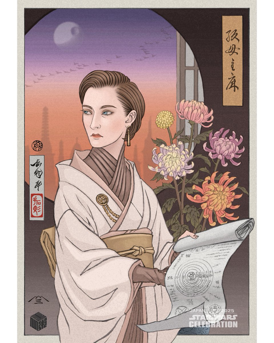 SW_Celebration's tweet image. We're excited to reveal the last of the #SWCJ badge artwork by TAKUMI! Your favorite Star Wars characters have had their essence captured in the beautiful traditional ukiyo-e style. Which character is your favorite from the full set? Comment below ⬇️ ⭐