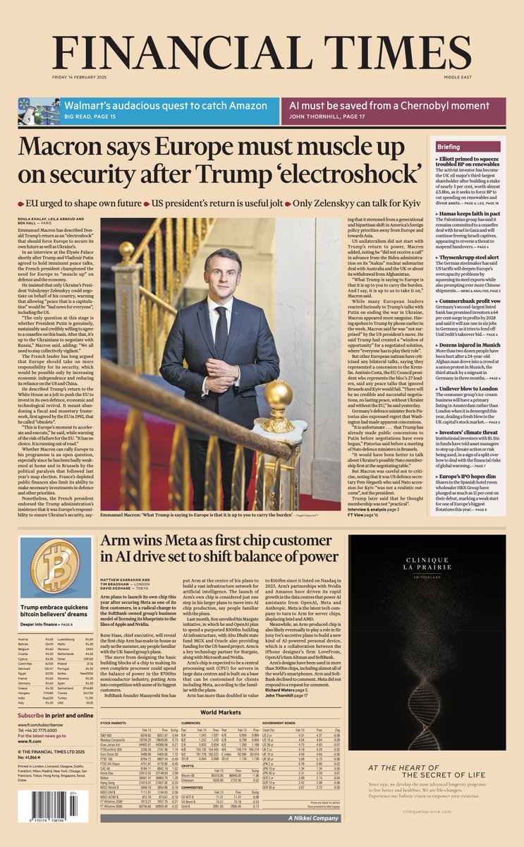 Just published: front page of the Financial Times, international edition, Friday 14 February on.ft.com/4gzSxly
