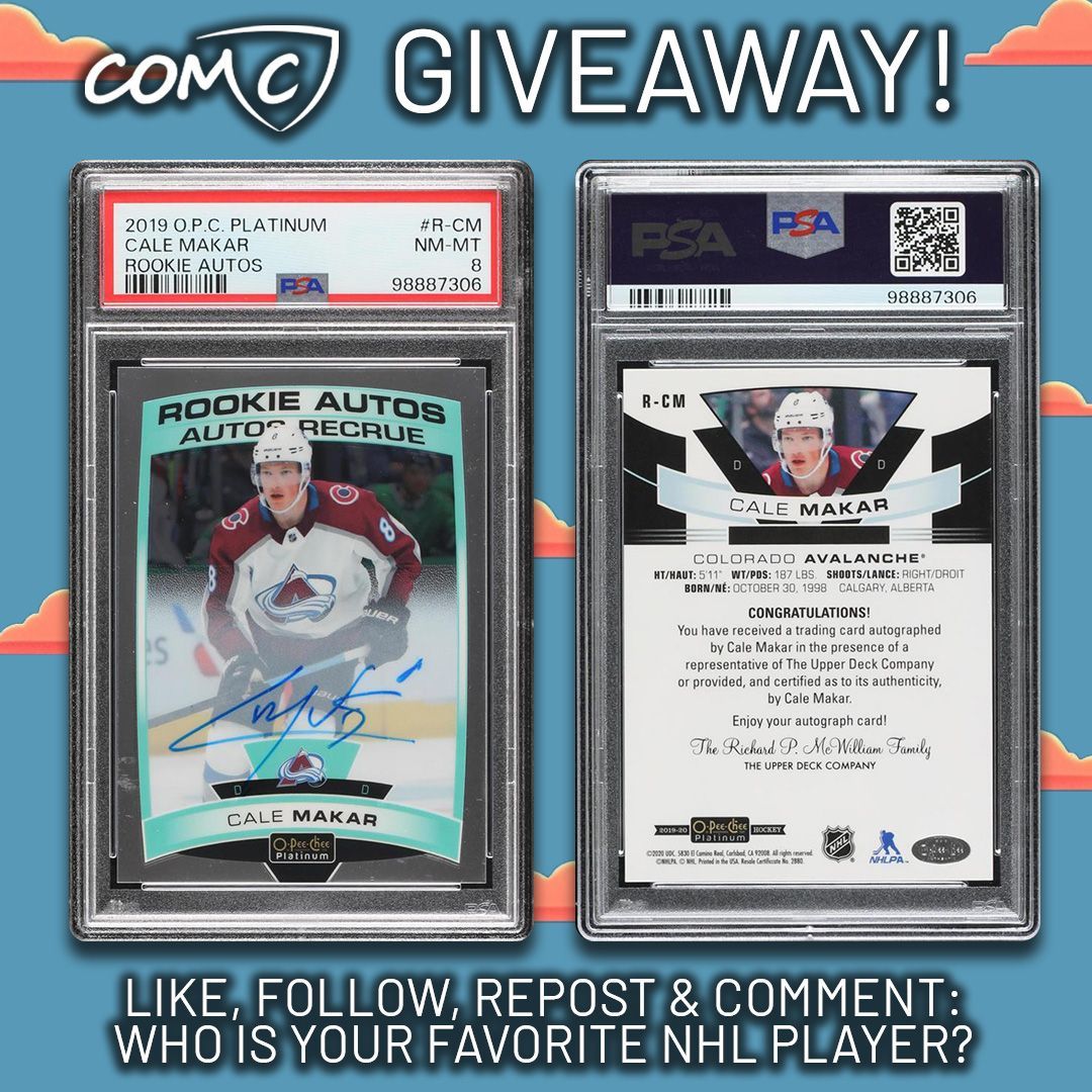 🏒   COMC #NHL GIVEAWAY! 🥅   Like, follow, repost, and COMMENT: Who is your favorite <a href="/NHL/">NHL</a> player? You could win this 2019-20 O-Pee-Chee Platinum Rookie Autos of Cale Makar! The winner will be chosen randomly and must have a COMC account. Good luck to all! 🍀