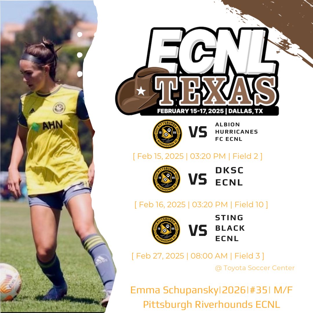 Emma Schupansky (@emmaschupansky) on Twitter photo Looking forward to a great weekend at the ECNL Texas Showcase! Excited for the challenge and the chance to compete alongside my teammates. Hopefully, you can come out and watch us in action! Grateful for the opportunity to keep improving. 🤠⚽️
<a href="/HoundsAcademy/">The Riverhounds Academy</a> <a href="/ECNLgirls/">ECNL Girls</a> Looking forward to a great weekend at the ECNL Texas Showcase! Excited for the challenge and the chance to compete alongside my teammates. Hopefully, you can come out and watch us in action! Grateful for the opportunity to keep improving. 🤠⚽️
<a href="/HoundsAcademy/">The Riverhounds Academy</a> <a href="/ECNLgirls/">ECNL Girls</a>