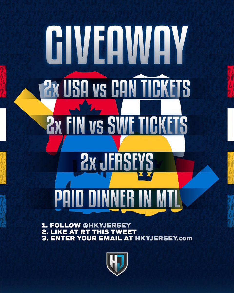 Hockey Jerseyz (@hkyjersey) on Twitter photo 🚨4 NATIONS TICKET GIVEAWAY🚨
- Pair of Tickets to 🇨🇦 v 🇺🇸
- Pair of Tickets to 🇸🇪 v 🇫🇮
- 2 Fanatics #4Nations jerseys
- Dinner paid in Montréal on Saturday
To enter:
1. FOLLOW <a href="/HKYJersey/">Hockey Jerseyz</a>
2. LIKE ❤️ & RT 🔄 this tweet.
3. Enter your EMAIL on HKYJERSEY.com 🚨4 NATIONS TICKET GIVEAWAY🚨
- Pair of Tickets to 🇨🇦 v 🇺🇸
- Pair of Tickets to 🇸🇪 v 🇫🇮
- 2 Fanatics #4Nations jerseys
- Dinner paid in Montréal on Saturday
To enter:
1. FOLLOW <a href="/HKYJersey/">Hockey Jerseyz</a>
2. LIKE ❤️ & RT 🔄 this tweet.
3. Enter your EMAIL on HKYJERSEY.com