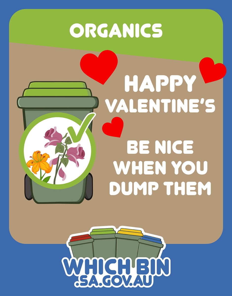 If Valentine's Day doesn't go to plan (or when the flowers die), then remember to be nice when you dump them!
💚 Place your unwanted flowers in the green organics bin to be composted.💐🥀🌻🌸
❗️ Remove wrapping, ribbon, rope or rubber bands first.
#ValentinesDay