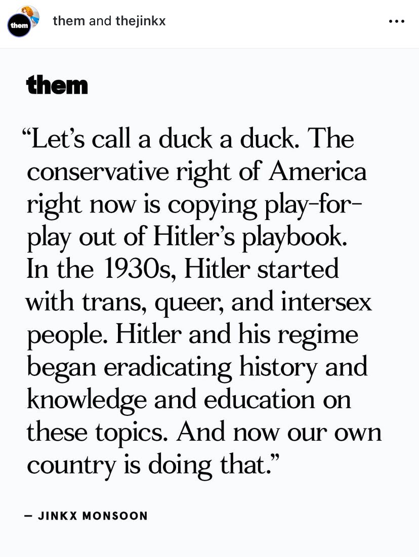 An extremely powerful quote from <a href="/JinkxMonsoon/">Jinkx Monsoon is Mary Todd</a> in this article from Them!

This political climate is galvanizing. We can celebrate our victories while we struggle on. ❤️🏳️‍🌈