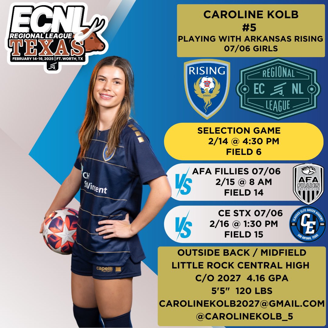 Check out my schedule for this weekend in Fort Worth, TX at the ECNL-RL Showcase!

<a href="/ECNLgirls/">ECNL Girls</a> 
<a href="/arkansasrising/">Arkansas Rising Soccer</a> 
<a href="/AR_Rising08G/">Arkansas Rising U19G ECNL-RL</a> 
#ECNLRLTX