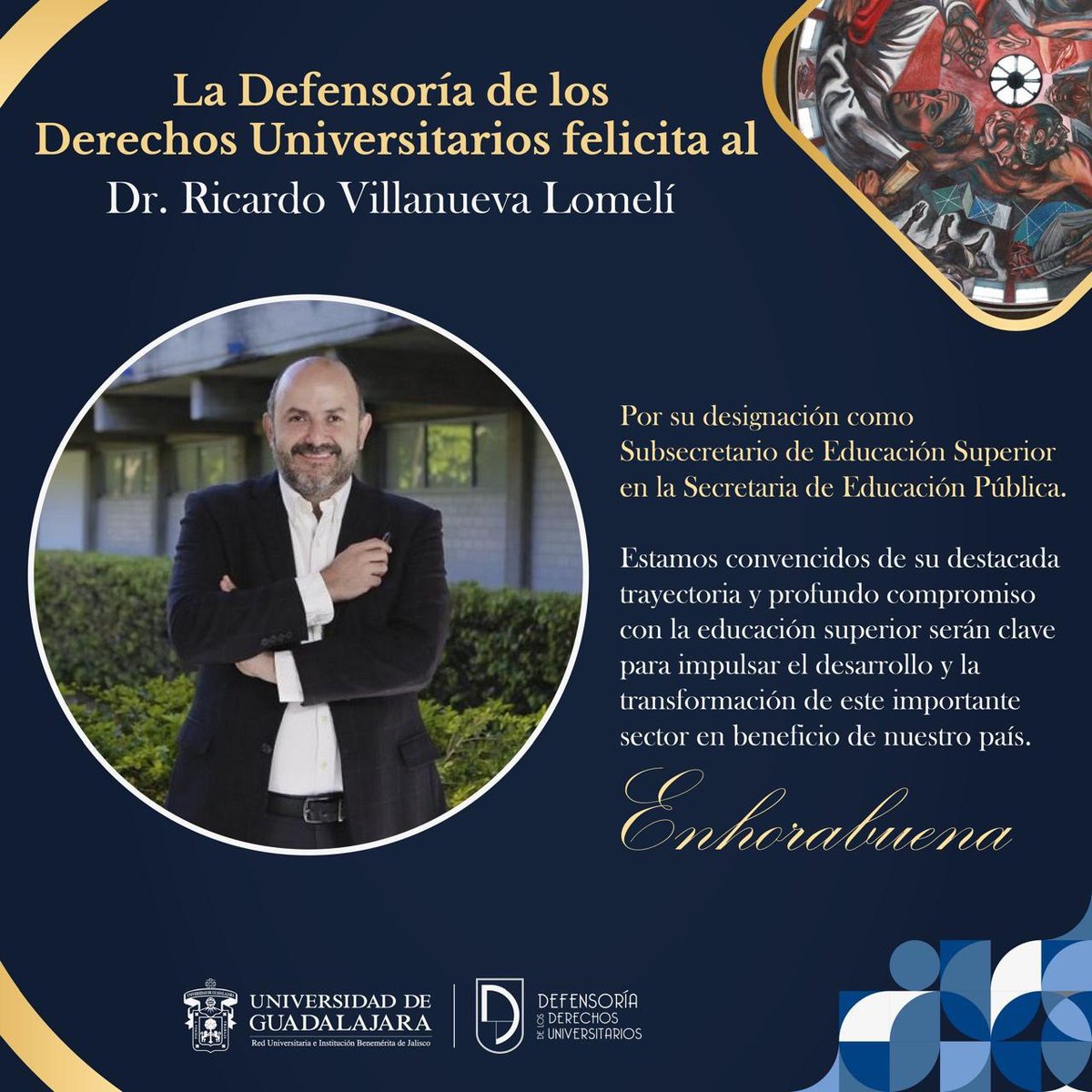 Defensoría de Derechos Universitarios U de G (@dduudgoficial) on Twitter photo ¡Muchas felicidades, Dr. Ricardo Villanueva Lomelí <a href="/rvillanueval/">Ricardo Villanueva</a> por el anuncio de su próximo nombramiento como Subsecretario de Educación Superior de la Secretaría de Educación Pública! 🎓✨
Es un #OrgulloUdeG Universidad de Guadalajara <a href="/udg_oficial/">Universidad de Guadalajara</a> ¡Muchas felicidades, Dr. Ricardo Villanueva Lomelí <a href="/rvillanueval/">Ricardo Villanueva</a> por el anuncio de su próximo nombramiento como Subsecretario de Educación Superior de la Secretaría de Educación Pública! 🎓✨
Es un #OrgulloUdeG Universidad de Guadalajara <a href="/udg_oficial/">Universidad de Guadalajara</a>