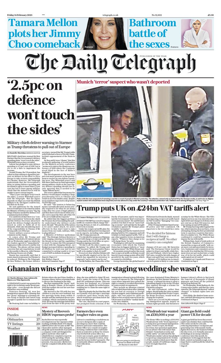 The front page of today’s Daily Telegraph:

‘2.5pc on defence won’t touch the sides’

#TomorrowsPapersToday

Sign up for the Front Page newsletter
telegraph.co.uk/frontpage-news…