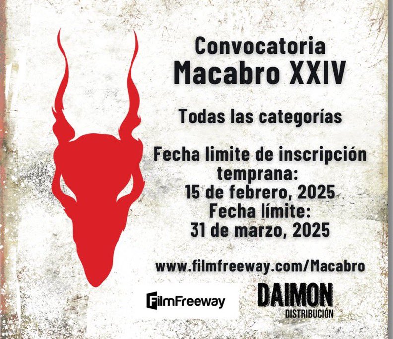Se acerca la primera fecha límite. Participa en filmfreeway.com/Macabro

#MacabroXXIV #Convocatoria