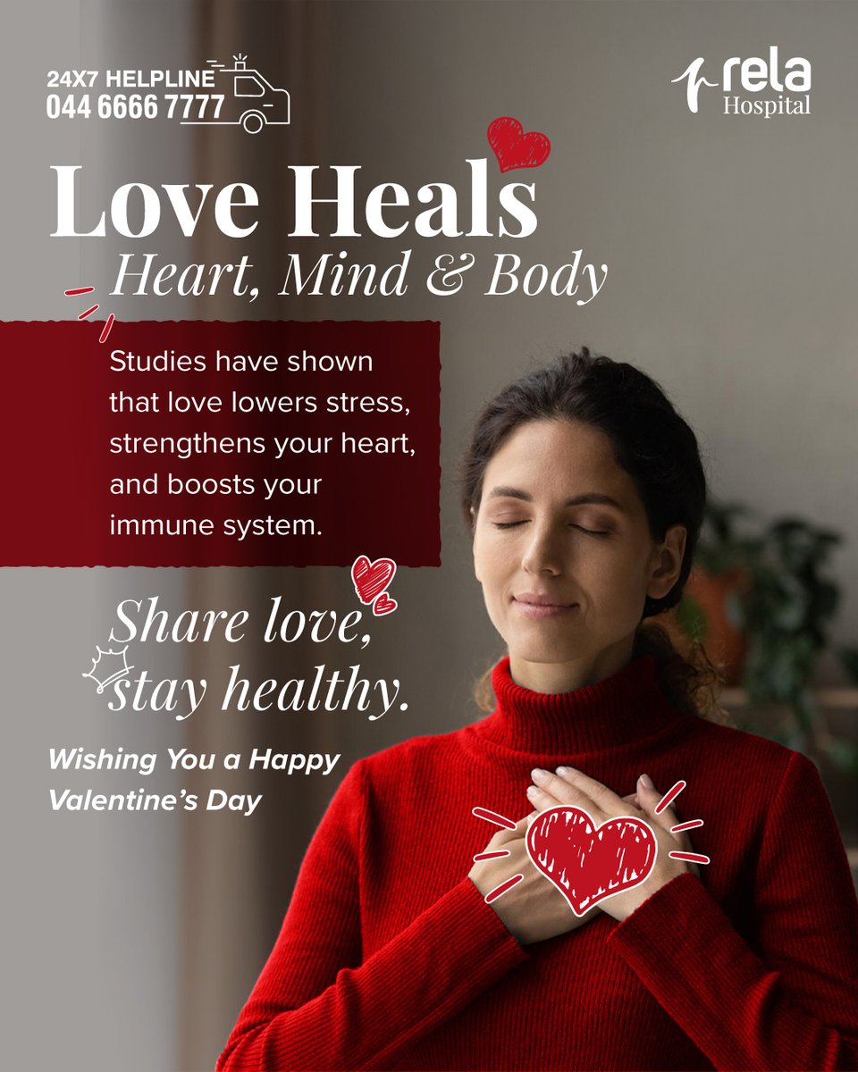 Rela_Institute's tweet photo. Love isn’t just an emotion—it has the power to heal. 

This Valentine’s Day, share kindness, care, and connection. It’s good for your health!

#LoveHeals #HeartMindBody #RelaHospital #rela #health #healthcare https://t.co/uaMxkujd77