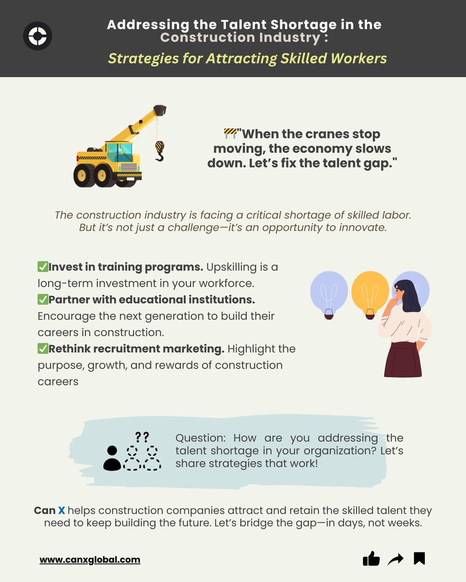 canxglobal's tweet photo. Addressing the Talent Shortage in the Construction Industry: Strategies for Attracting Skilled Workers

🚧 "When the cranes stop moving, the economy slows down. Let’s fix the talent gap."

#ConstructionTalent #SkilledLaborShortage #BuildingTheFuture #Recruitment #CanXglobal https://t.co/Hgk0sEm8JU
