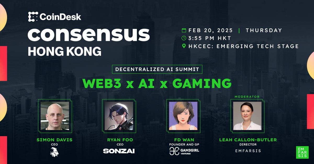emfarsis's tweet photo. Emfarsis Director @leah_cb will explore AI-native games, AI agents with wallets, and the future of digital ownership at @coindesk’s @consensus_hk with: 

📷 @simon_davis, CEO, @playgoatgaming 
📷 @0xRyze, CEO, @SonzaiLabs 
📷 @Gam3Girl_GP, Founder &amp; GP, @GAM3GIRLVC https://t.co/5aNmJQitn4
