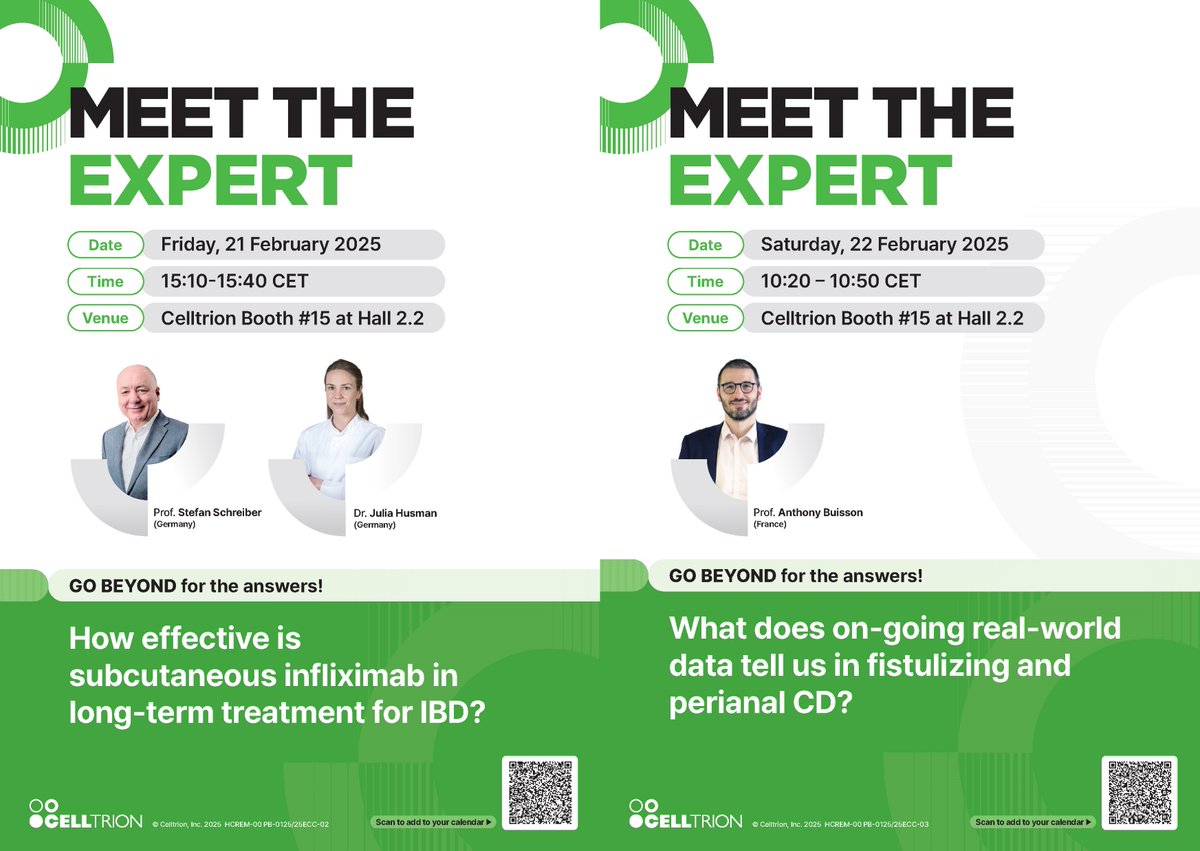 If you are attending #ECCO2025, don’t miss our Meet The Expert session where we will discuss the latest clinical data on treatment in #IBD. Find them at Celltrion booth (Hall 2.2)!

📌 Meet Prof. Stefan Schreiber and Dr. Julia Husman on Friday, 21 February, 15:10-15:40 CET
📌