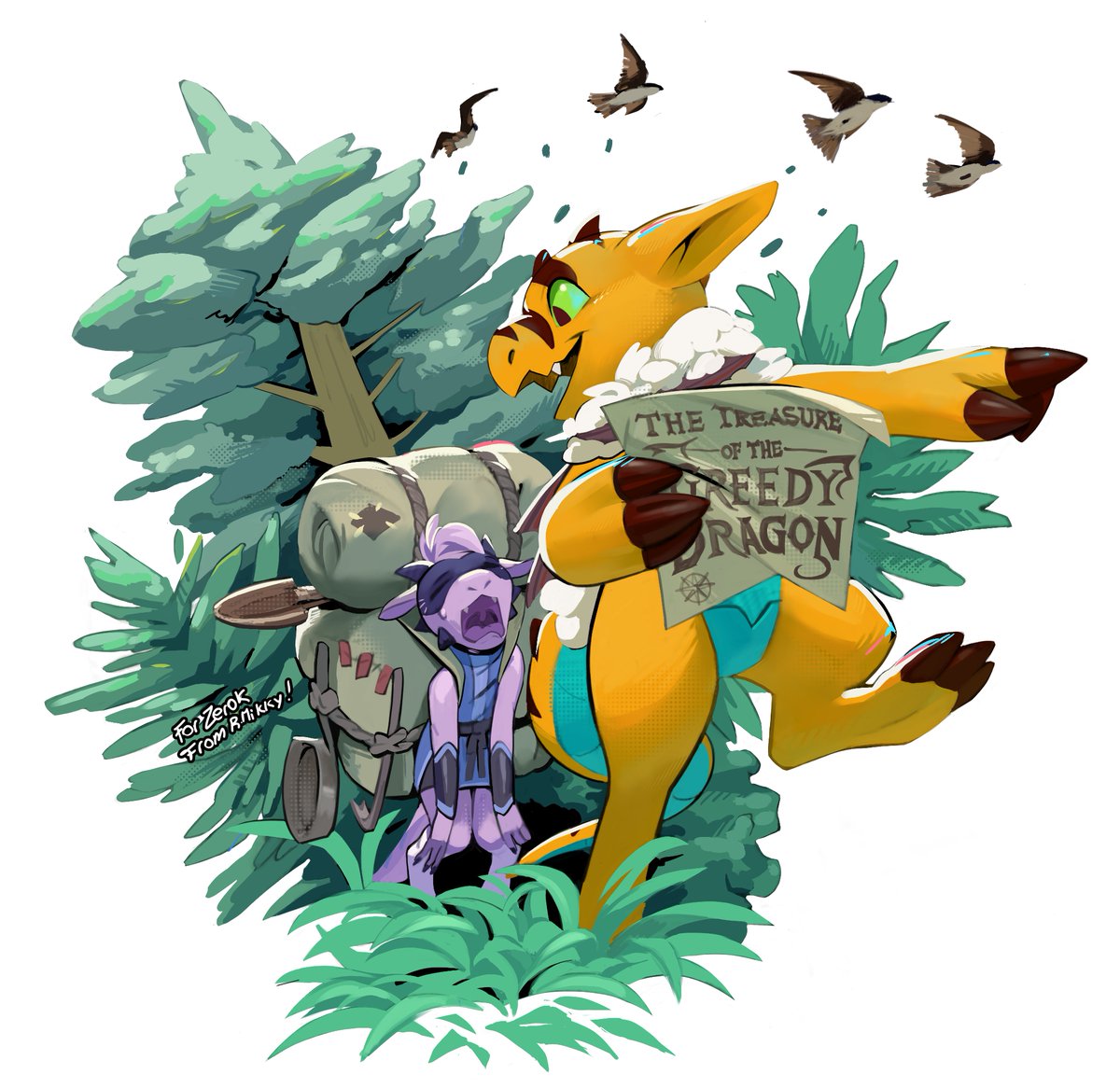 My part of the art trade I did with @ZerokTheKobold ! His part came out so good!! I hope do more in the future c:

Here we are going to a lair to maybe not steal anything from a certain dragon that guards the most brilliant objects and coins ever imagined 👀*coff coff