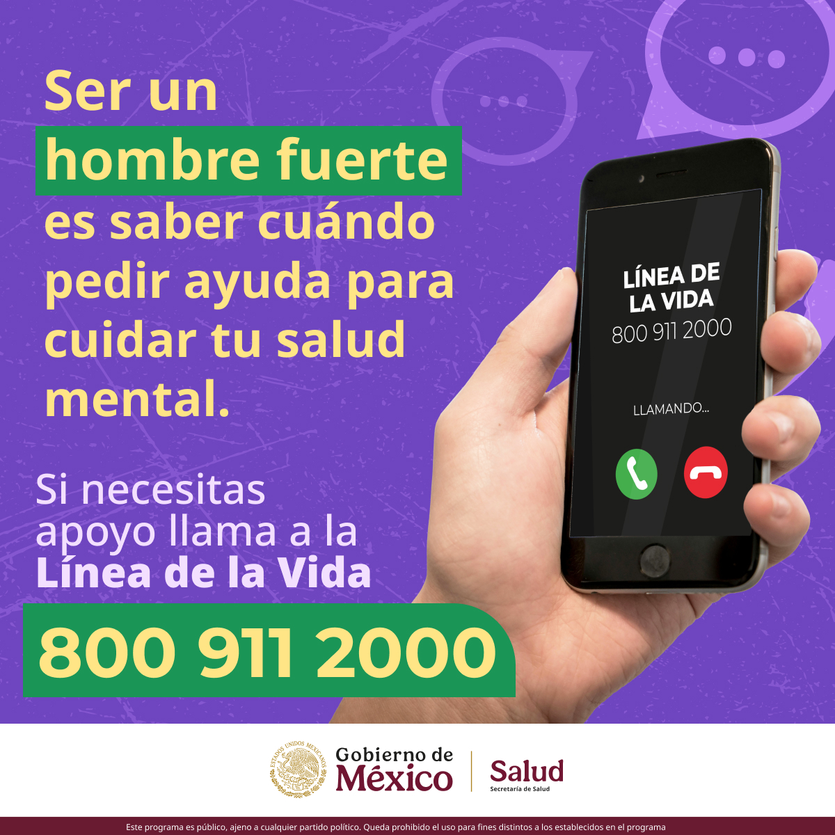 SSalud_mx's tweet photo. Febrero I #MesDeLaSaludDelHombre 👨🏻
No porque estés de pie 24/7 y no digas nada, significa que tu mente está bien.
La salud mental no es cosa de "débil", es cosa de ser inteligente. 🧠
¡Habla! Si necesitas apoyo comunícate a la Línea de la Vida 📞800 911 2000 https://t.co/qg4tBIKPwf