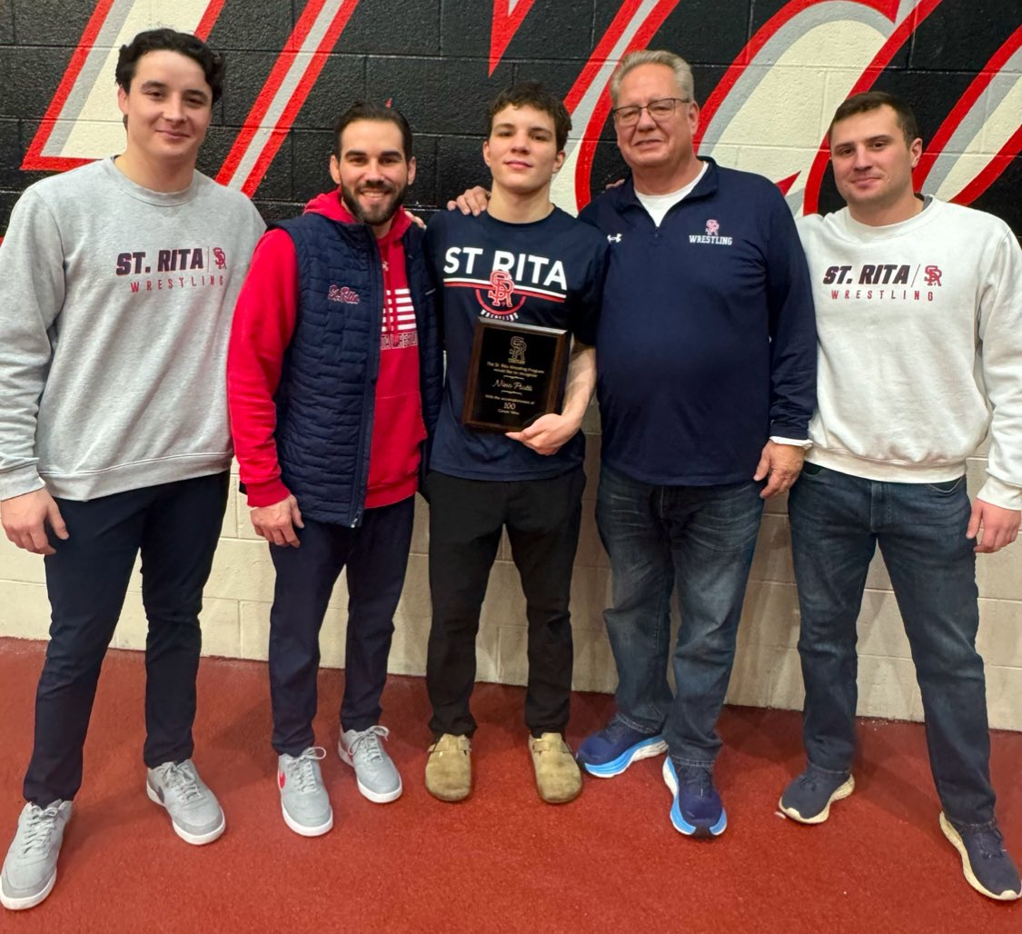 Congratulations to senior Nino Protti on achieving 100 Career Varsity Wins for the Mustangs. What a great achievement and milestone to hit. Come support your Mustangs in at Hinsdale South tomorrow and Saturday as 11 guys battle to earn a trip down State. Wrestling starts at 4:30.