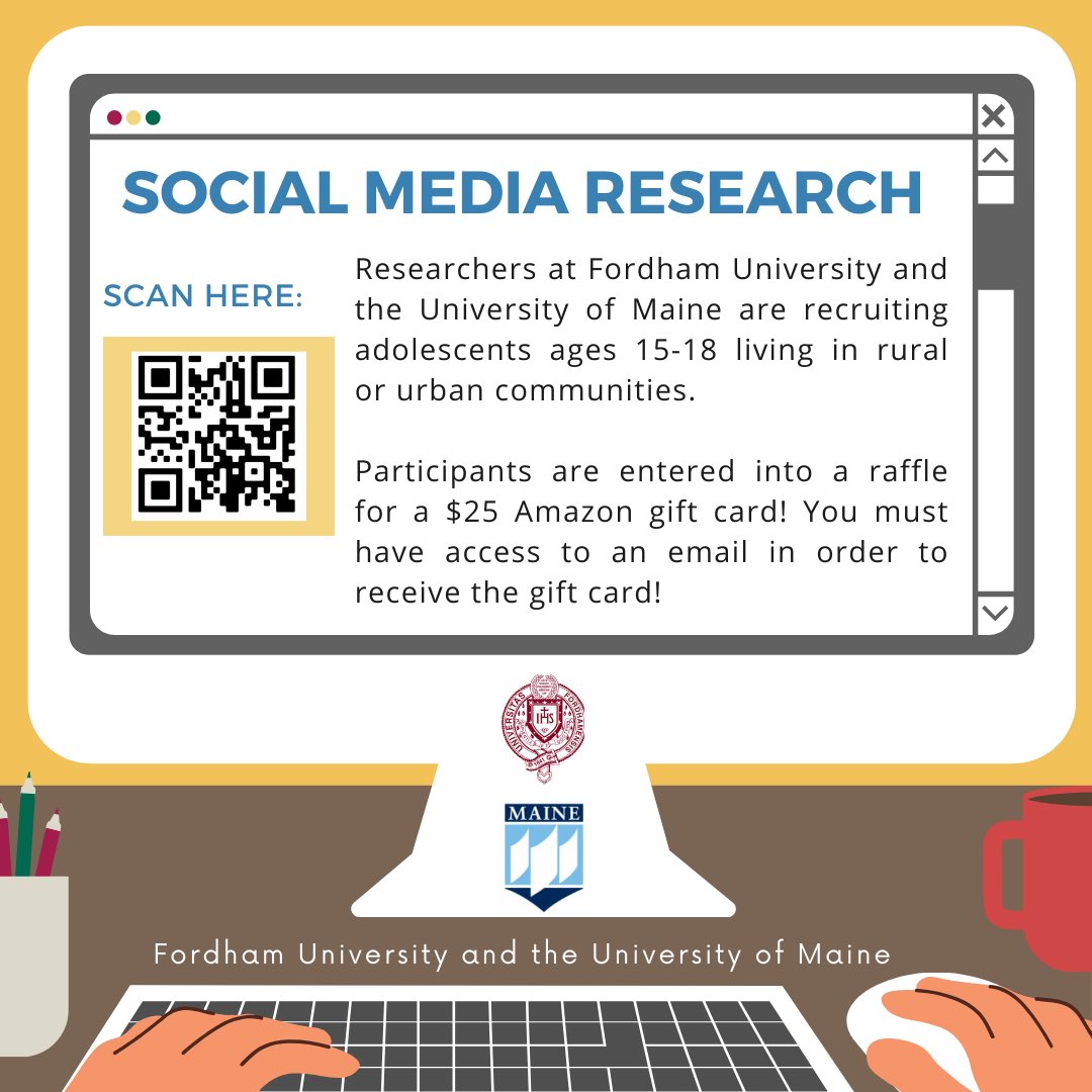 FordhamTRRAC's tweet photo. Hey! 🖥️ Are you 15-18 years old? Want to help #psychologists at Fordham University and University of Maine understand #teen mental health in the digital age? We need 15-18 year olds to participate in an online #research study! Enter into a raffle to a $25 Amazon Gift Cards! Questions? Email us at trracstudy@gmail.com

Link to participate: https://t.co/KSeUO3Q8G9