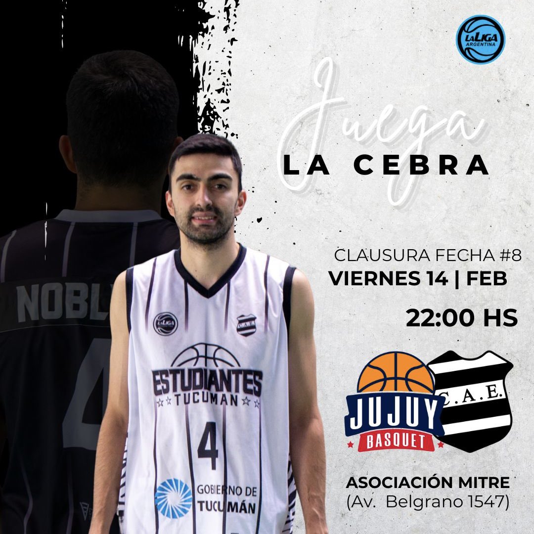 #LigaArgentina ¡Fecha 8 para la “Cebra”!💪🏼

🏀 Estudiantes vs Jujuy Básquet🏀 

🗓️ Viernes 14
🕙 Hora: 22:00 Hs 
🏟️ Lugar: Asoc. Mitre (Av. Belgrano 1547)

#VamosEstudiantes 
#VamosTucuman