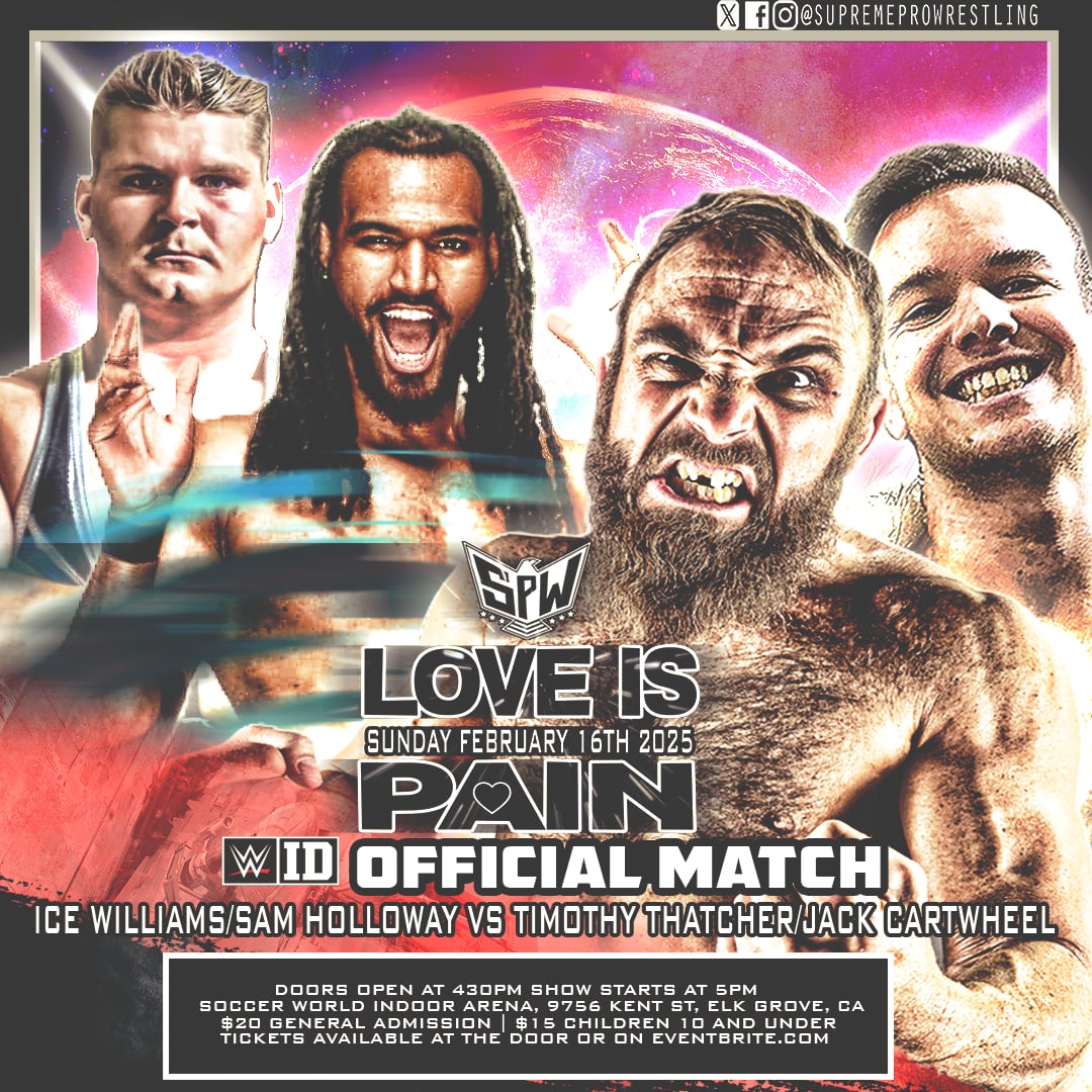 MATCH ANNOUNCEMENT....

WWE ID Official tag team action comes to <a href="/spw_sacramento/">Supreme Pro Wrestling</a> in Sacramento this Sunday!

It's <a href="/IceWillliams/">❄️ Ice Williams ❄️</a> &amp; <a href="/SamHHolloway/">Sam HARDWAY Holloway</a> vs. <a href="/jackcartwheel/">🤸</a> &amp; Timothy Thatcher!

What will happen when these four talents collide in this unique match?

#WWEID