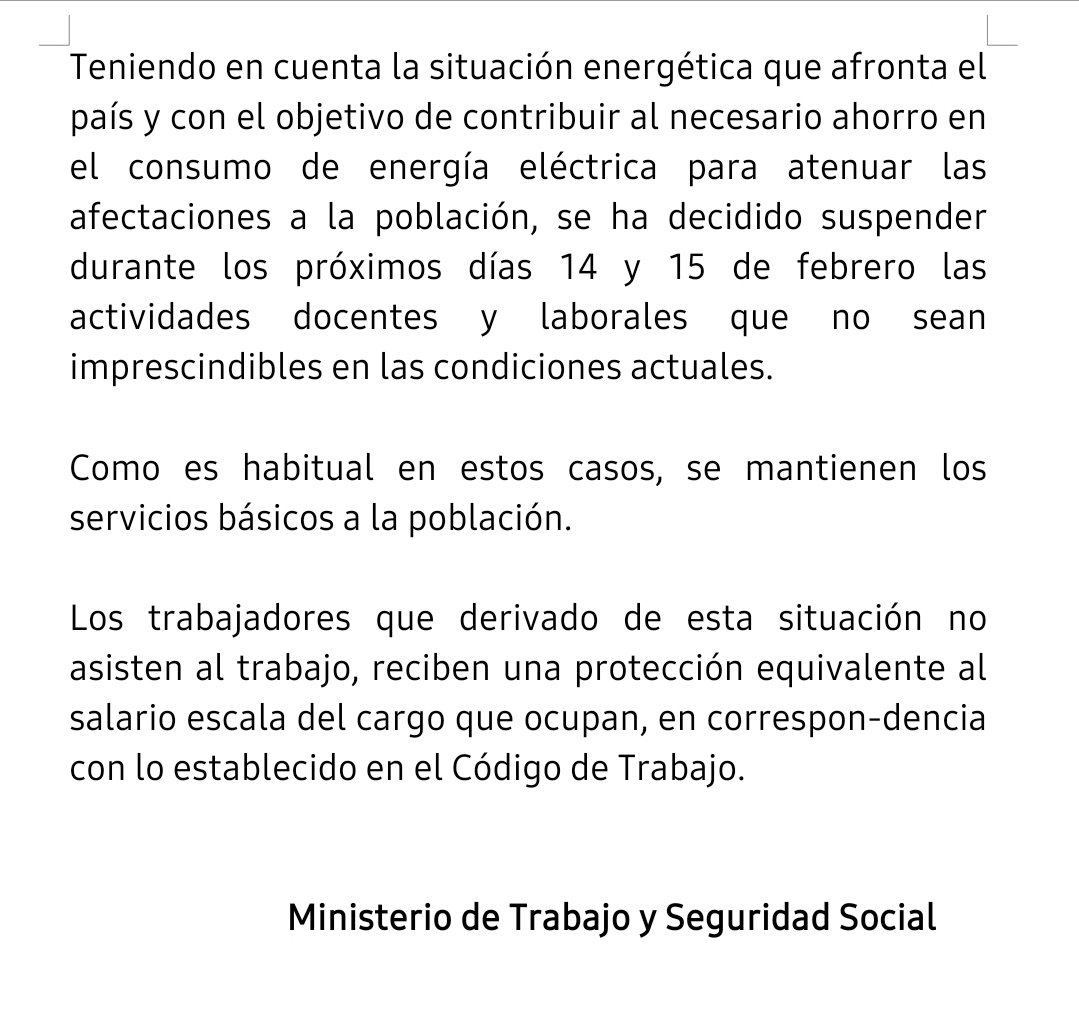 Nota del Ministerio de Trabajo y Seguridad Social.
Publicada por el Noticiero Nacional de Televisión.
#Cuba 
#UnidosXCuba 
#CubaVencerá