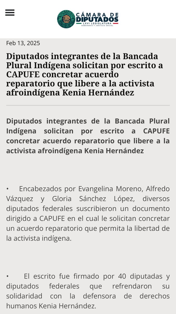 Evangelina_MoG's tweet photo. Diputad@s de la Bancada Plural Indígena solicitamos a @CAPUFE que acepte un acuerdo reparatorio que permita la libertad @ParaKenia Hernández

Que el "Año de la Mujer Indígena" y la frase #EsTiempoDeLasMujeres trascienda de lo simbólico a acciones concretas

https://t.co/mb6RERYUFp