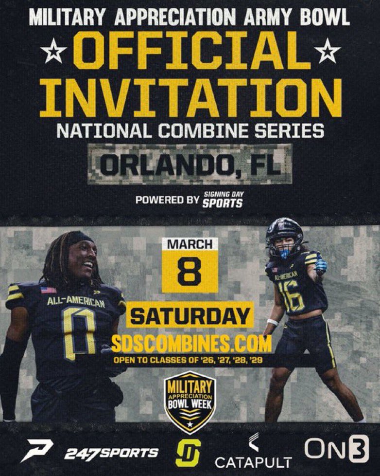Michael Stringer (@m_strin09) on Twitter photo I am thankful to be invited to the Army National Combine
<a href="/US_ArmyBowl_GS/">Military Appreciation Bowl Games</a>
<a href="/ArmyBowlCombine/">USArmyBowlCombine</a>
<a href="/CoachTylerFunk/">Tyler Funk</a> I am thankful to be invited to the Army National Combine
<a href="/US_ArmyBowl_GS/">Military Appreciation Bowl Games</a>
<a href="/ArmyBowlCombine/">USArmyBowlCombine</a>
<a href="/CoachTylerFunk/">Tyler Funk</a>