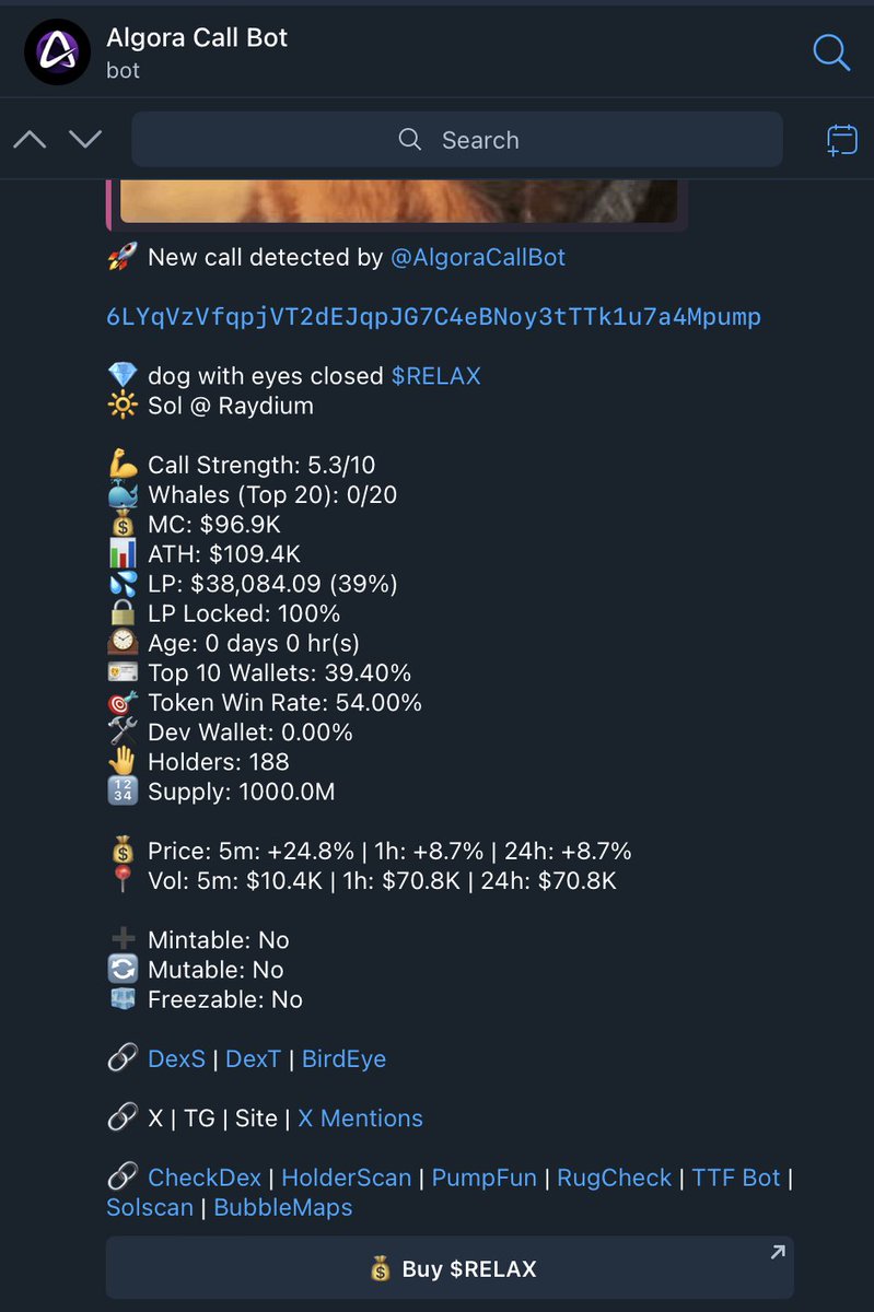 A collection of recent bangers. There's a lot more where these came from:  

$Eddie $57k -> $570k MC = 10x 
#FullSend $3.8M -> $88M MC = 23x 
#HappyDad $109k - > $2.2M MC = 20x 
$Relax $96k MC -> $9M MC = 93x  

Try it for free at t.me/algoracallbot