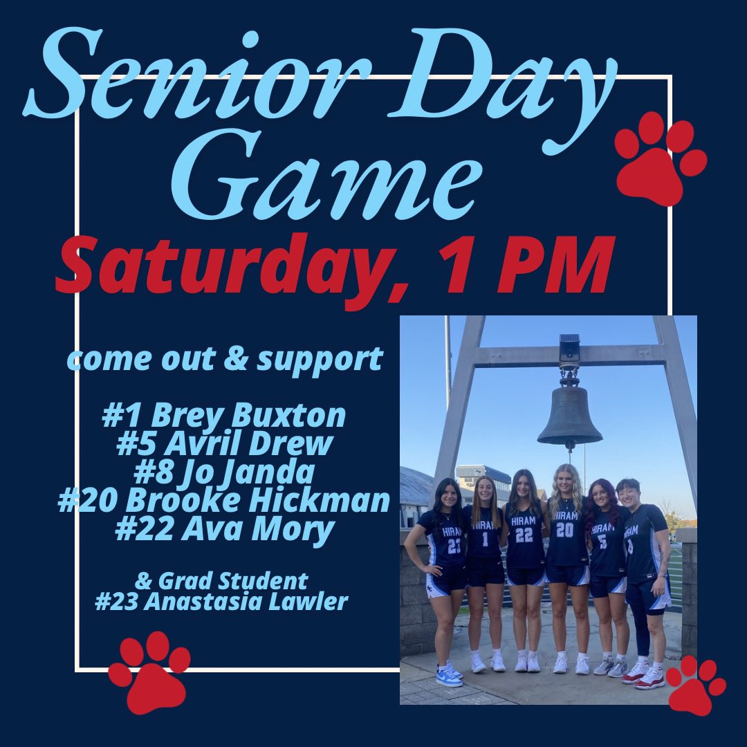 IT’S OUR SENIOR DAY GAME!! 
This Saturday at 1 PM in Price Gym. 

#1 Brey Buxton, Education 
#5 Avril Drew, Nursing 
#8 Jo Janda, Management 
#20 Brooke Hickman, Psychology 
#22 Ava Mory, Psychology 
#23 Anastasia Lawler, Sports Management 

#hiramcollege #hcwbb #family #team