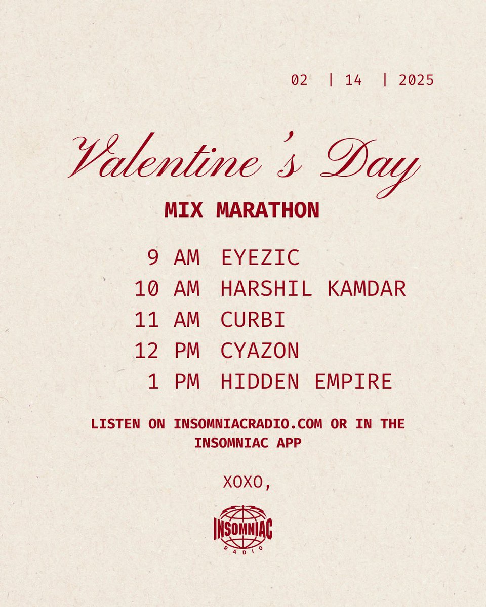 Tune in tomorrow starting at 9a PT as Insomniac Radio has curated a Valentine’s Day mix marathon sure to take you through the highs &amp; lows — just like your last situationship 😉🥀 

tune in 👉🏼 InsomniacRadio.com