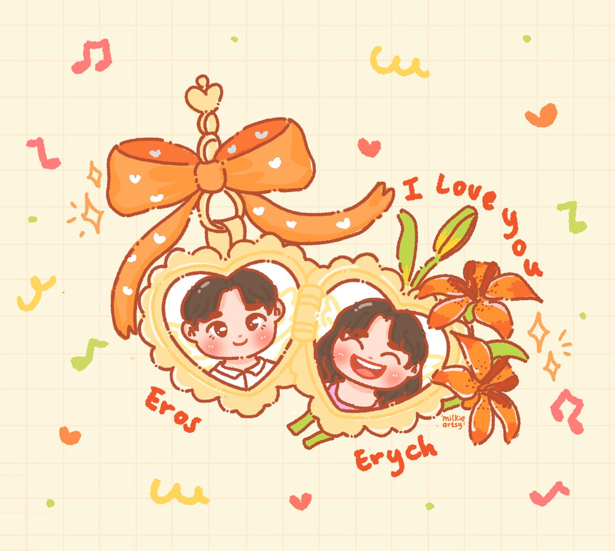 ayen_ree's tweet photo. si eros na nagpa-commis ng artist para idrawing sila ni erych, tapos nagbigay pa ng bouquet of orange lily. hearts for the cupid &amp; his lover 🧡

super cute commissioned artwork by @MilkieArtsy https://t.co/QVjn5cYIWP