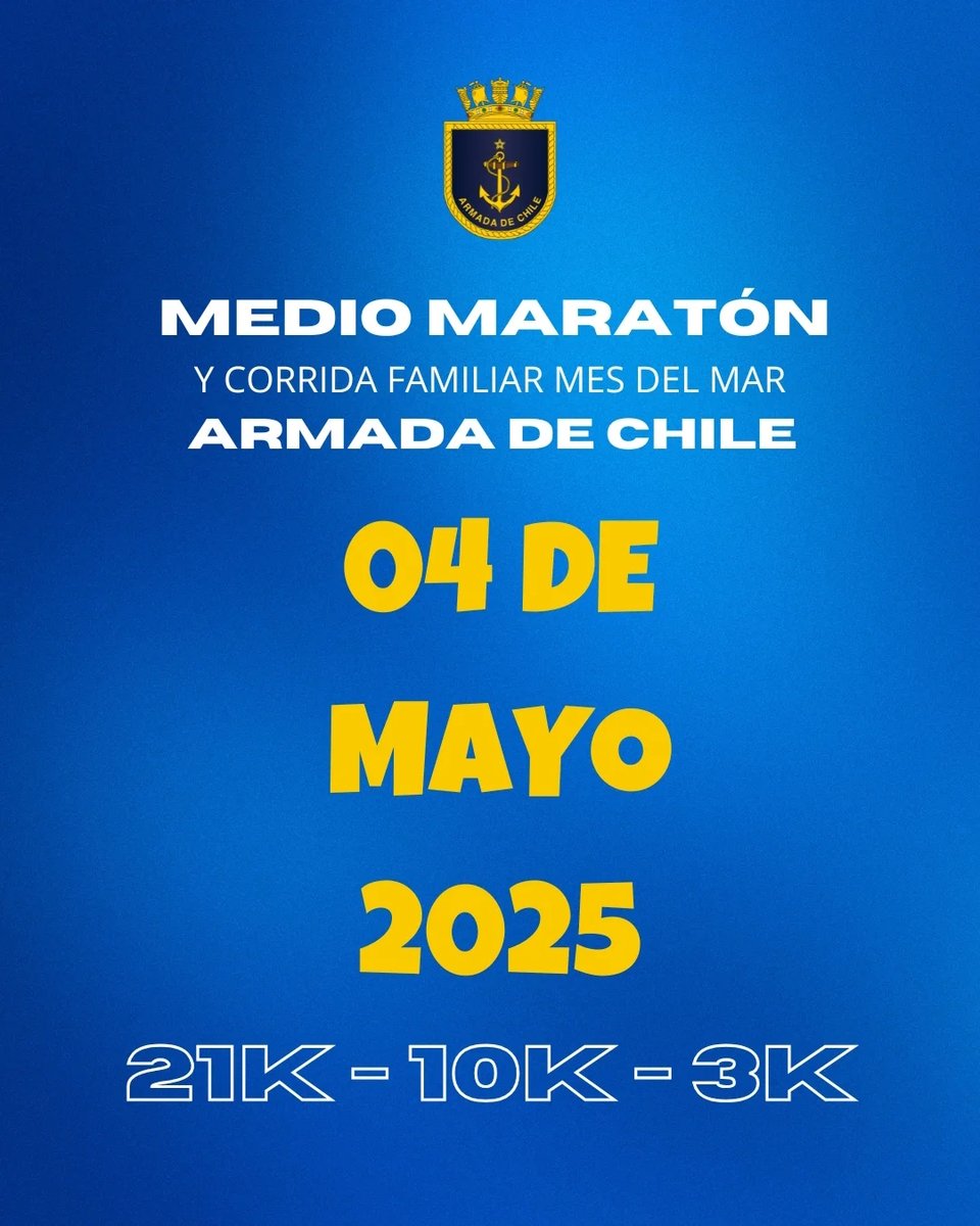 #MediaMaratónArmada #Corre_V
Inscripciones abiertas para Media Maratón y Corrida Familiar Armada de Chile en Viña del Mar
(4 de mayo 2025 | 3, 10 y 21 km | 10 y 21 km $5.536)
corre.cl/evento/11112