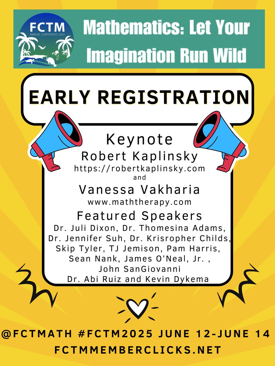 FCTMath's tweet image. Thank you for joining tonight&apos;s #FCTMchat  Because you&apos;re here, you&apos;re getting the exclusive first look at our incredible list of featured speakers!  Announcing our #FCTM2025  Keynotes and Featured Speakers  Register now at fctm.net Early Registration   Ends 2/28